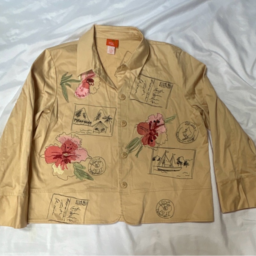 Hearts of Palm women’s jacket embroidered floral and travel motif.